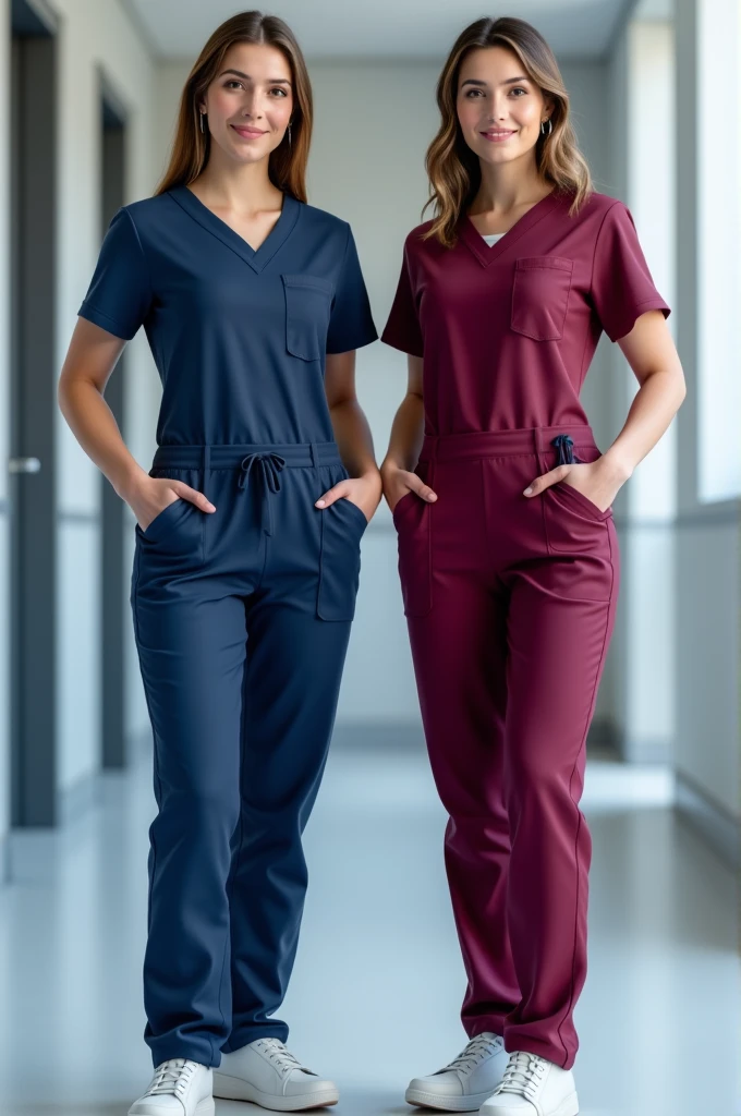 Two Medical scrubs, female , 3D, Navy blue and maroon Top and bottom, top with upper pocket and lower two pockets