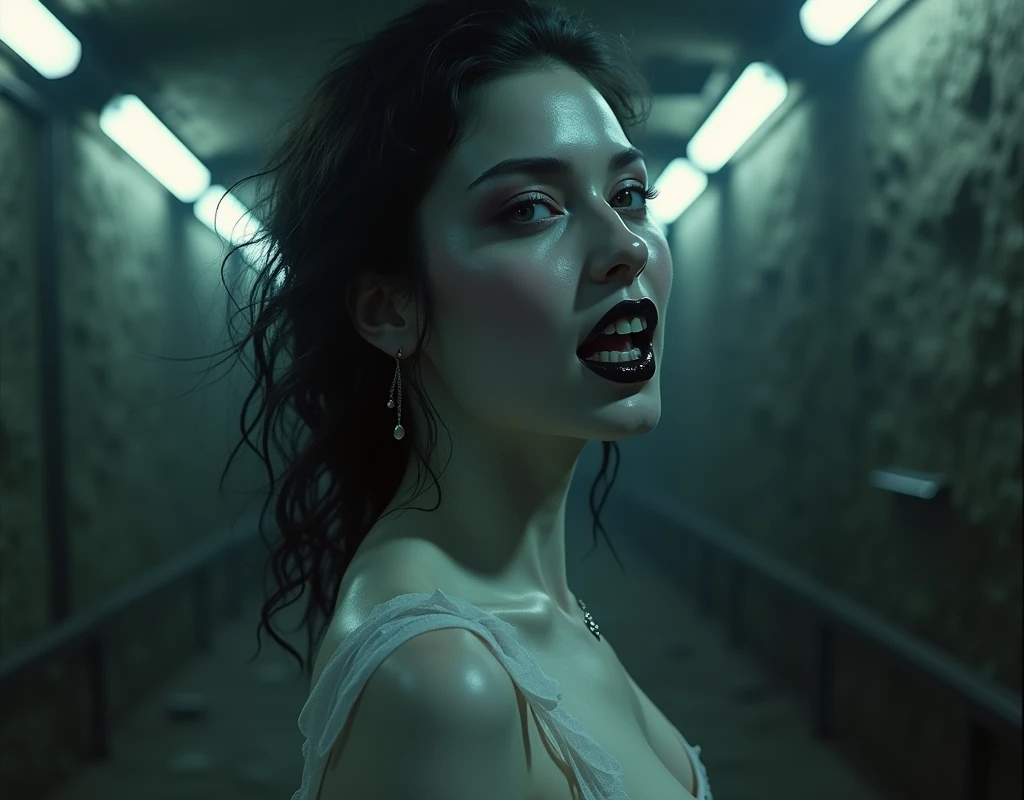 In the depths of an abandoned mountain tunnel, eerily lit by flickering fluorescent tubes, a stunning evil spirit materializes. The camera captures a subjective POV shot as we gaze upon the enchanting woman standing like a specter in a sheer white negligee. Her porcelain skin and raven-black lips seem almost otherworldly in their beauty. As she regards us with her head tilted slightly downward, her alluring curves accentuated by the flowing fabric, we can't help but be drawn to her mesmerizing allure. Suddenly, her gaze fixes on us, and a wicked, throaty laugh echoes through the tunnel, sending shivers down our spine as she revels in her malevolent power., perfectly beautiful body, super detailed skin, glossy skin, Beautifully detailed mouth, beautifully detailed teeth, beautifully detailed fangs, beautifully detailed tongue, beautifully detailed lips, masterpiece, incredibly absurd res, absolutely resolution, ultra high res,