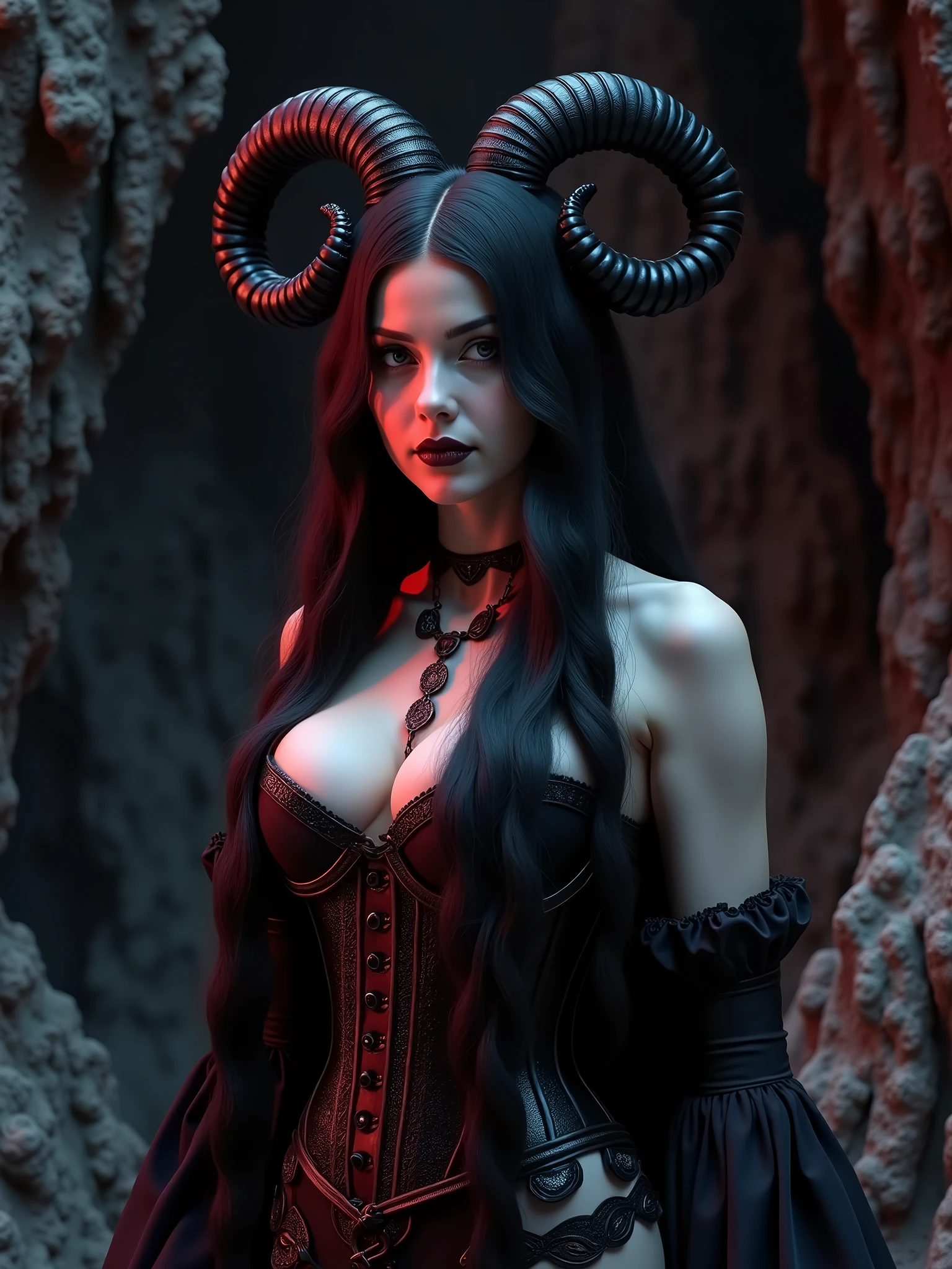 A gothic fantasy photo of a sensual, dark goddess with a black corset and horns on her head. She has extremely long, ultra-realistic hair. Black Goth makeup. The background is a dark, cave-like setting with stalactites and stalagmites. The overall image has a dark,