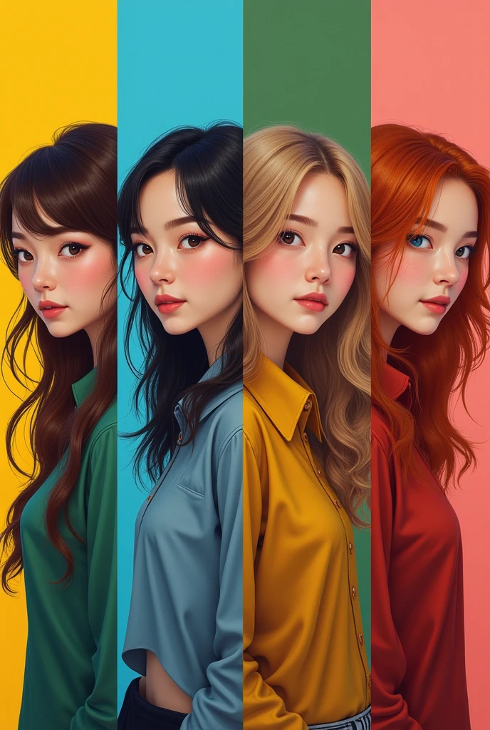 Poster divided into 4 parts in the colors yellow, blue, green and red, with a girl in each part: a brunette Brazilian, a black-haired South Korean, a blonde American and a red-haired English girl, respectively, where each one has expressions related to: summer, winter, spring and autumn, respectively. Each one makes a different expression. Realistic art.