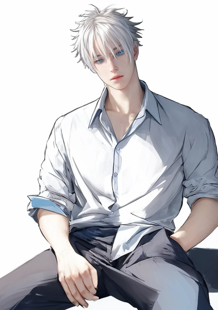 a boy with white hair and blue eyes is sitting