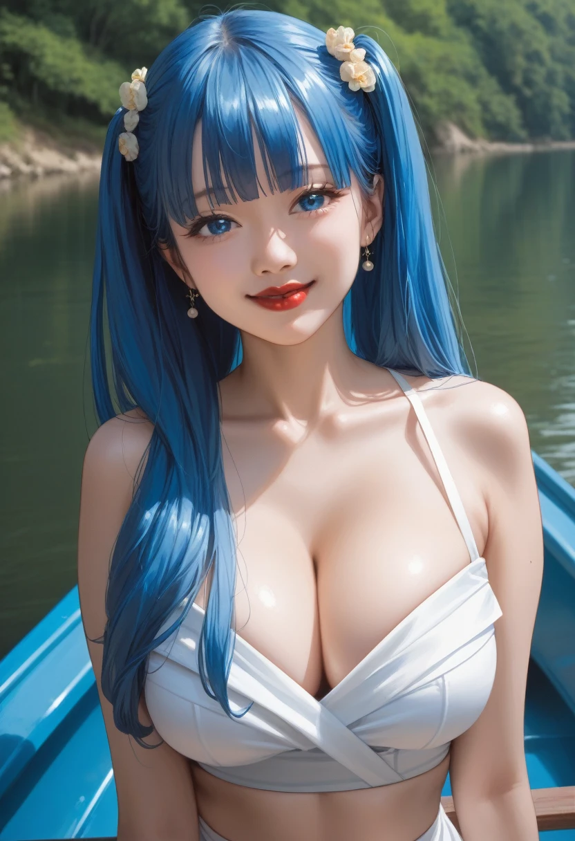 Side top double tails, very long twin tails, blue hair, looking at you, bright blue eyes, blue pupils, red lips, large breasts, ball shaped breasts, cleavage, tight waist, kind face, beautiful Japanese woman, five fingers, reality, full body, smiling, going down a river in a canoe