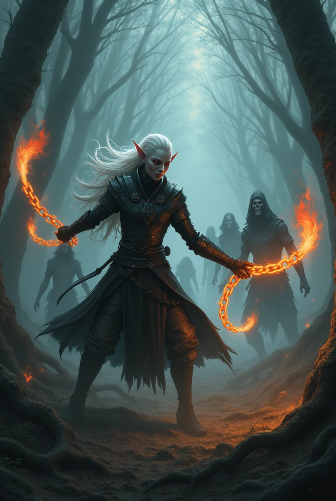 Create a dark fantasy scene in a misty, eerie forest. In the foreground, depict an elf warrior with pale skin, pointed ears, and long white hair, dressed in dark armor holding a chain, The elf is in mid-action, swinging two flaming chains glowing orange at their ends towards skeletal enemies. The elf's red eyes are intense, and their posture is aggressive, showing focus and power. The background shows more skeletons emerging from the shadows of the dense forest, adding to the sense of danger and tension. The overall mood should be dark and menacing, with a strong contrast between the fiery chains and the misty, shadowy forest.