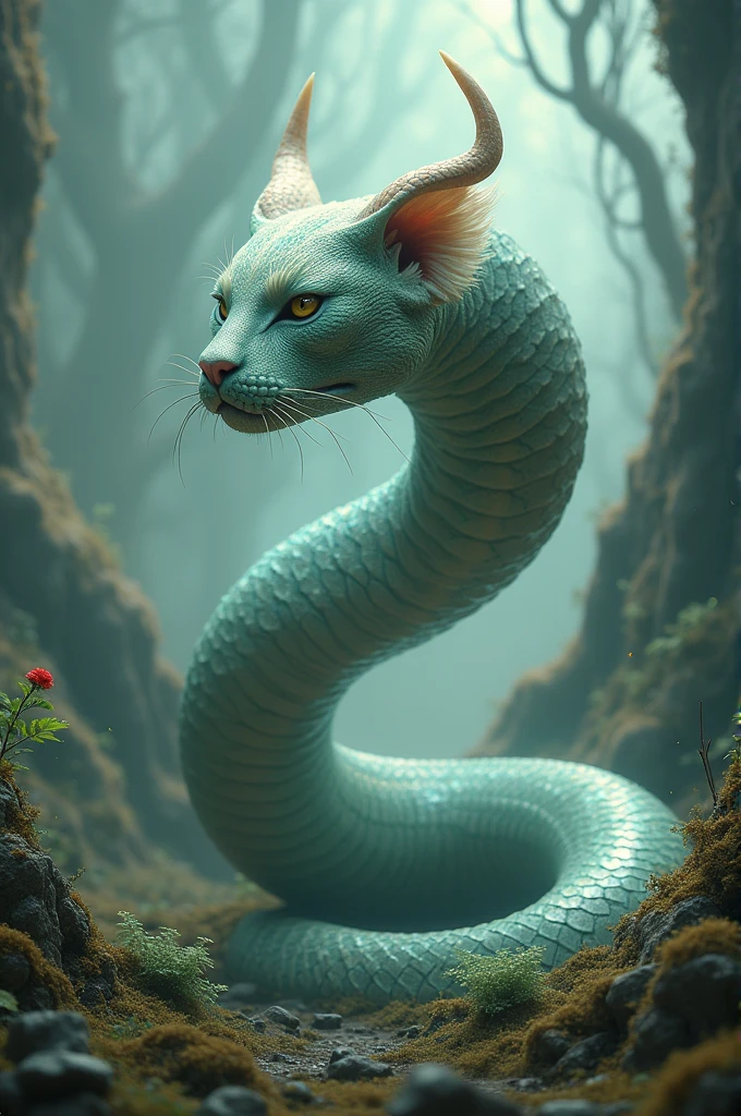 Huge snake with a cat face and two horns