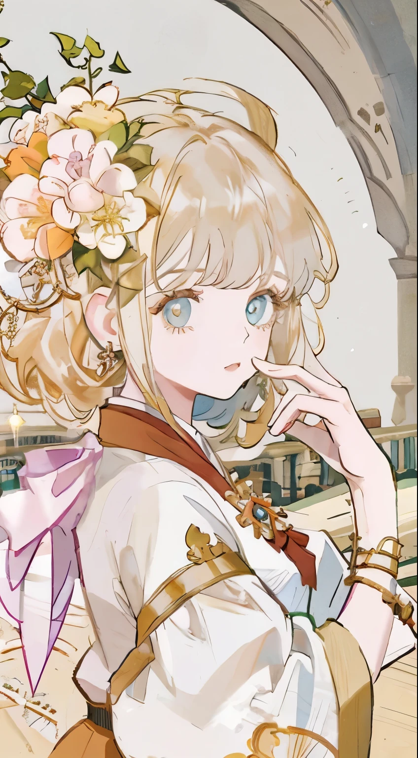 masterpiece, high quality, 4K, Nice design, shining, From the front, Award-winning photos, Extremely detailed, Astonishing, Fine details, absurd, very detailed, Extremely detailed eyes and face, Solitary, 1 Girl, baby, smooth, department, Wi-Fi, Sparkling fabric, A woman adorned with jewels,, 露出腹department , woman wearing a Wi-Fi, posing inside a castle with an oriental architectural style, Gold embroidery,