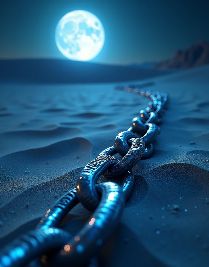 A mysterious ancient chain，Intertwined and sparkling in the moonlight，Each link is exquisitely carved with mysterious symbols，Half buried in the sands of a forgotten desert，（Best quality，8k，high resolution，masterpiece：1.2），Ultra Detail，（lifelike，照片般lifelike，照片般lifelike：1.37），HDR，uhd，Super Fine，Extremely detailed description，Vibrant colors，Science Fiction，Concept Artist，Dramatic shadows，Blue and silver palette，Ethereal light，Mysterious aura