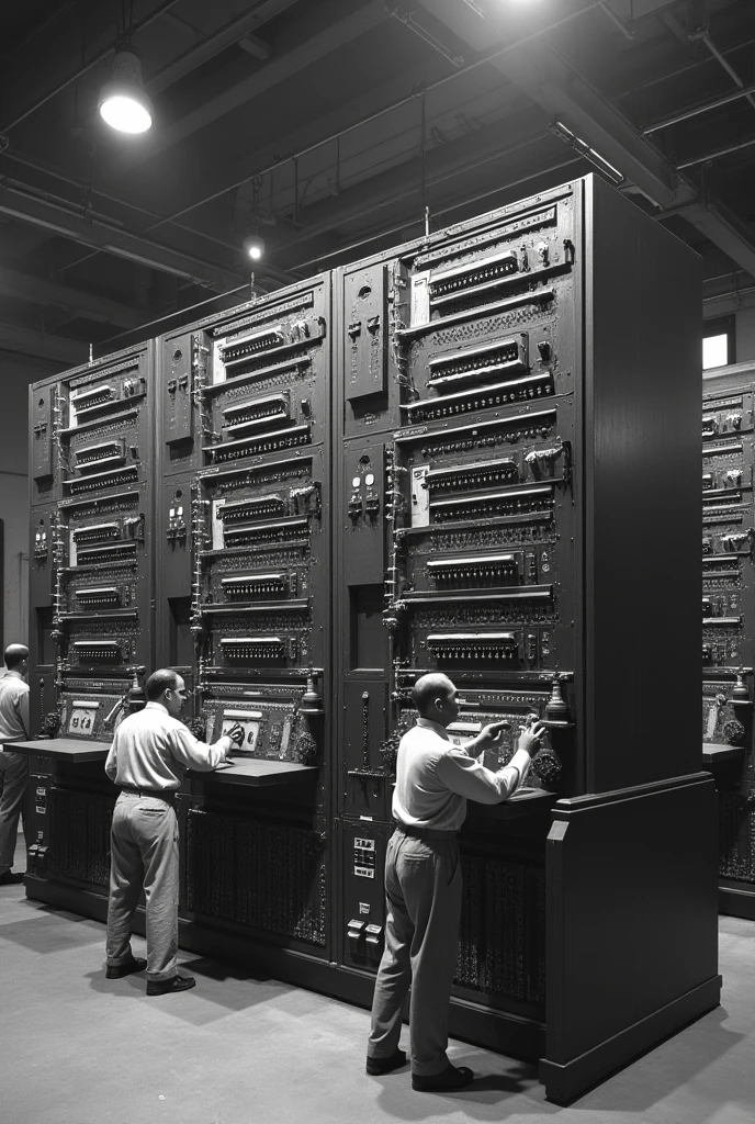 World "A vintage, black-and-white image of a massive room-sized computer from the 1940s. The computer is the ENIAC, filled with numerous cables, dials, and flashing lights. Engineers are seen working on it, giving a sense of scale and complexity."