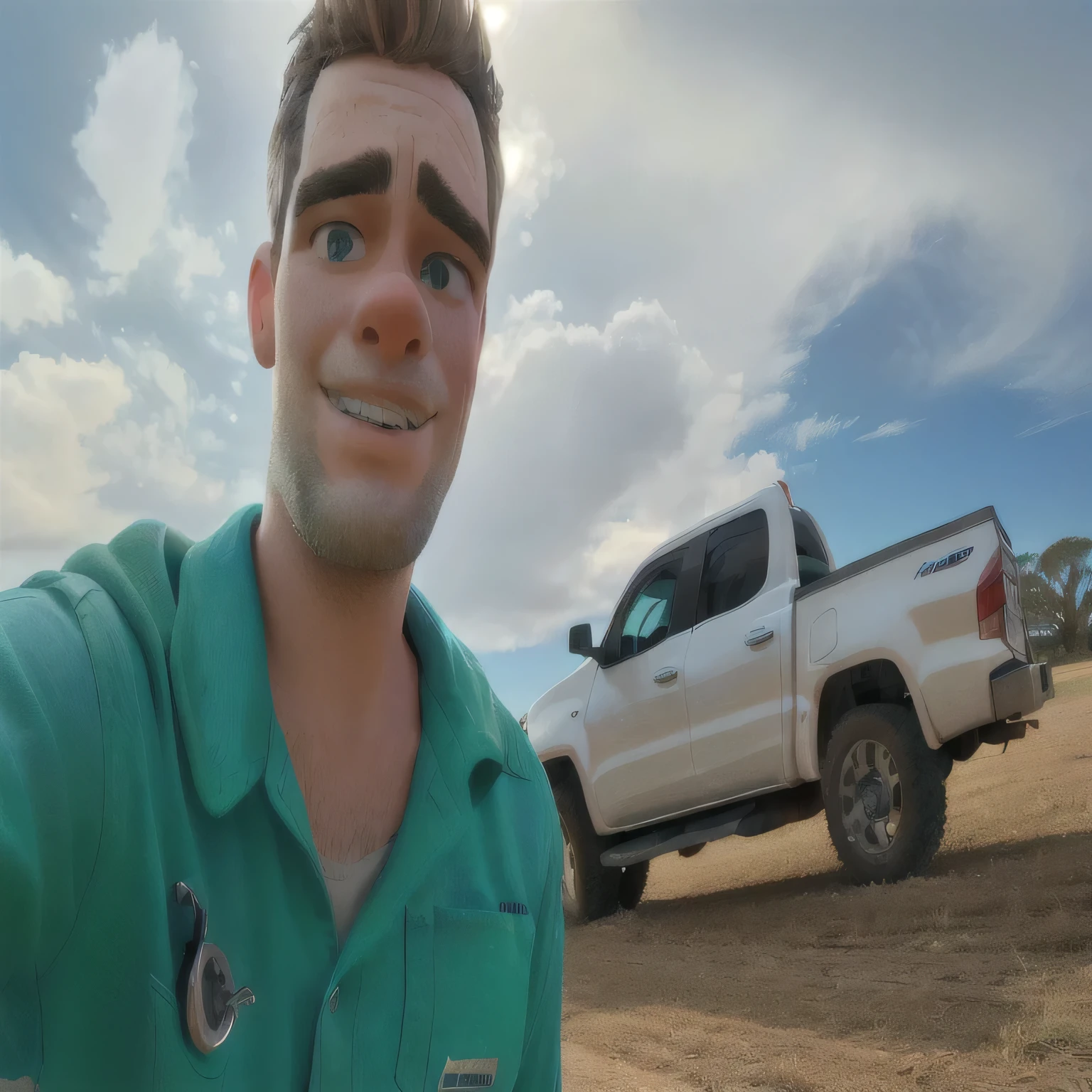 There is a man taking a selfie with his truck in the background., pov photo, top quality picture, vacation photo, album photo, in the Australian outback, rockwell standard in africa, photographic portrait, discovered photo, Portrait photo, bad photo, high quality upload, photo up close, selfie taken directly at angle, very low quality image, Description, Carson Ellis