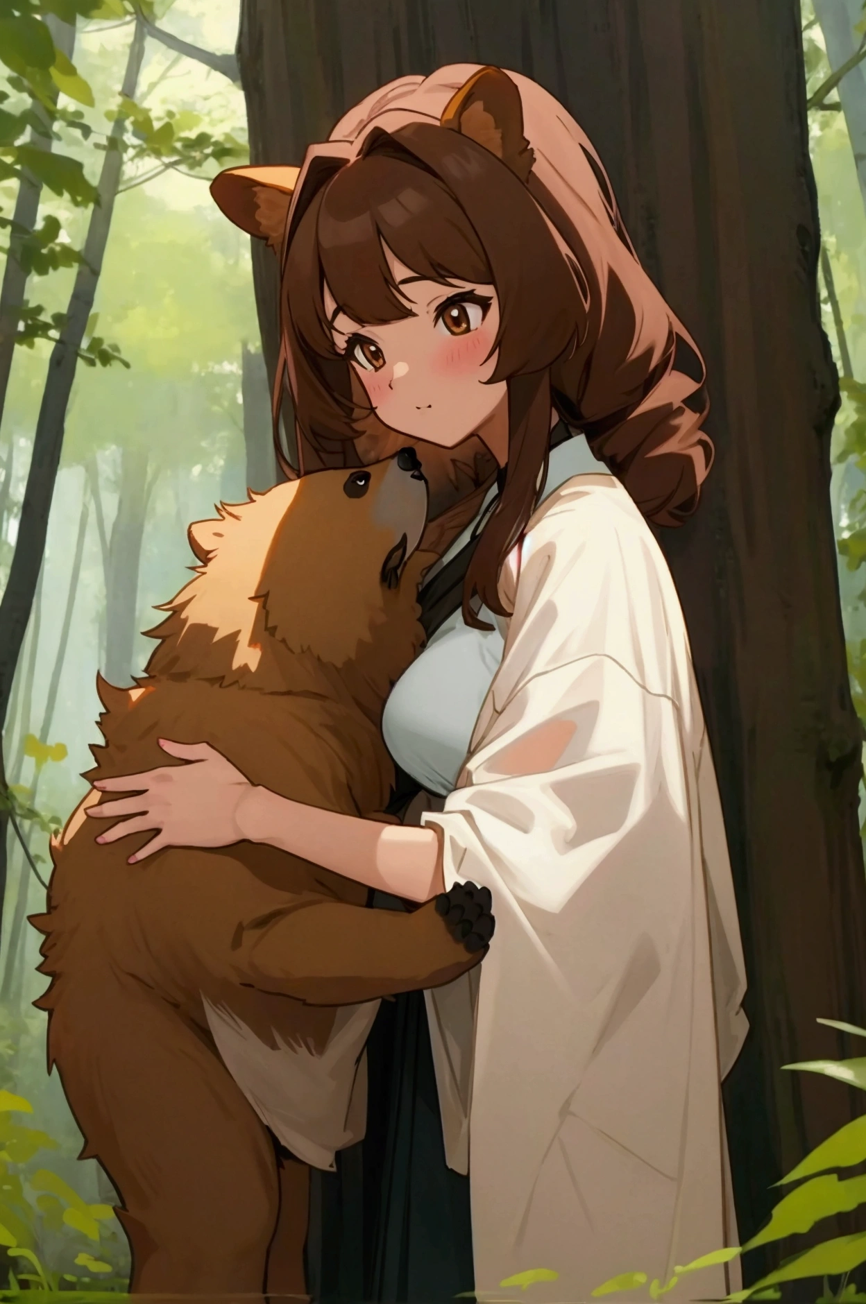 a giant brown bear protects a beautiful and sexy anime woman in the woods. The woman is holding a small corgi dog.