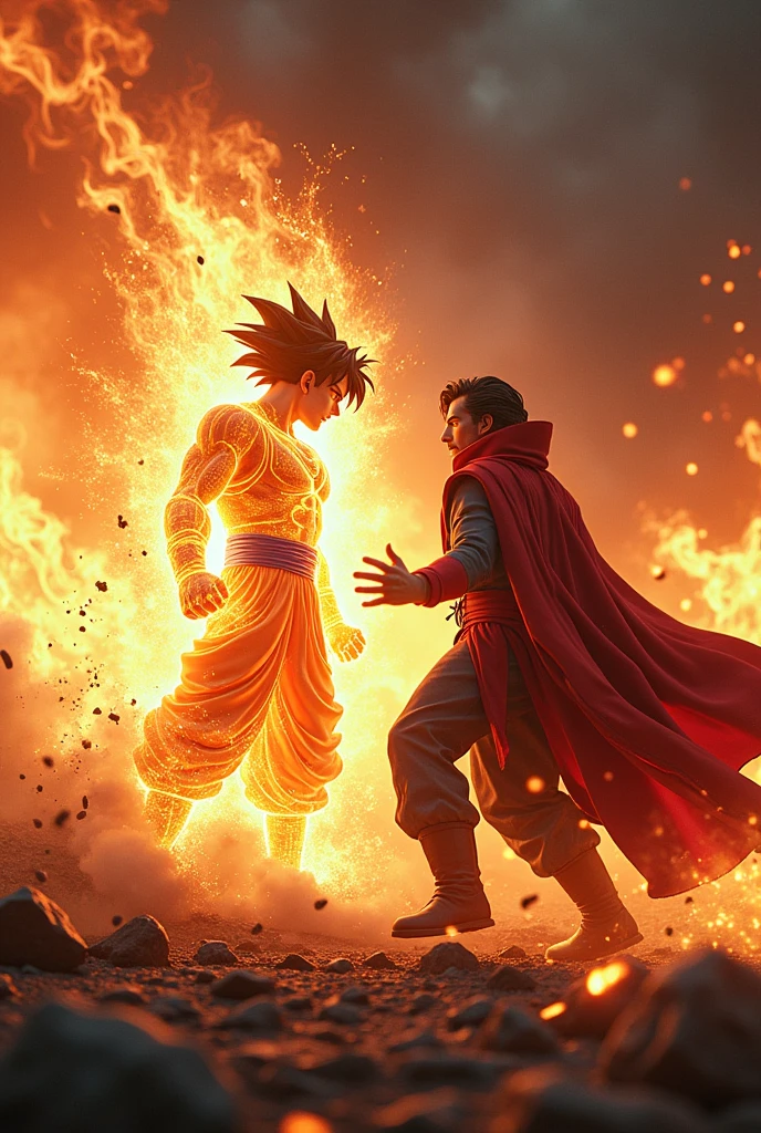 Goku Ultra Instinct vs Doctor Strange, both are angry on the battlefield with fire all around