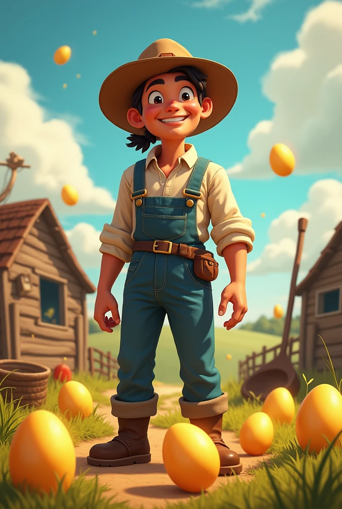 The farmer, now excited, imagines the wealth and prosperity the golden eggs will bring, smiling broadly and daydreaming.