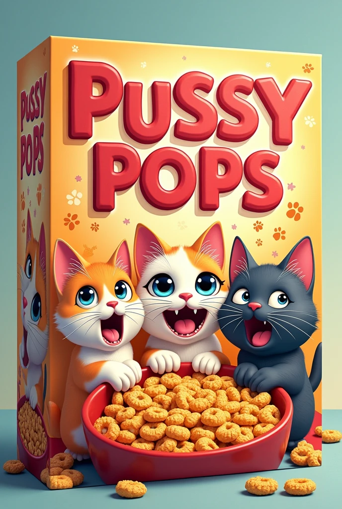 cereal box with the text "Pussy Pops", a cat-themed cereal