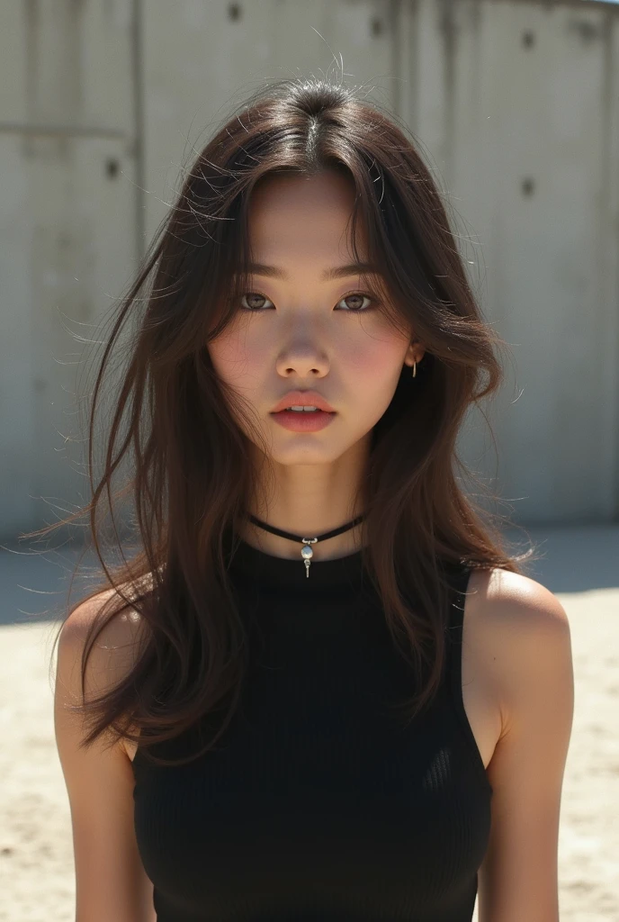 Pretty woman、Soft hair、Rounded shortcuts、Black Sleeveless、Landscape、I can see your forehead、Background is simple concrete、