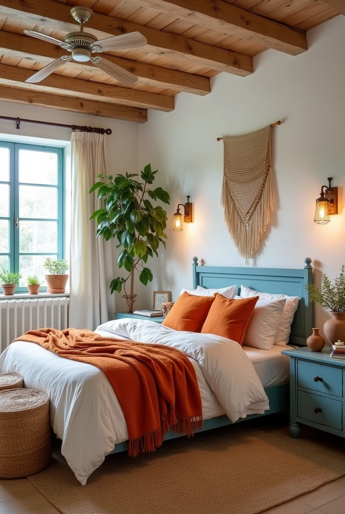 Well-lit boho chic style master bedroom, with decoration in shades of blue, terracotta, offwhite, Wood, off white and touches of orange bedding and blue bedside tables.