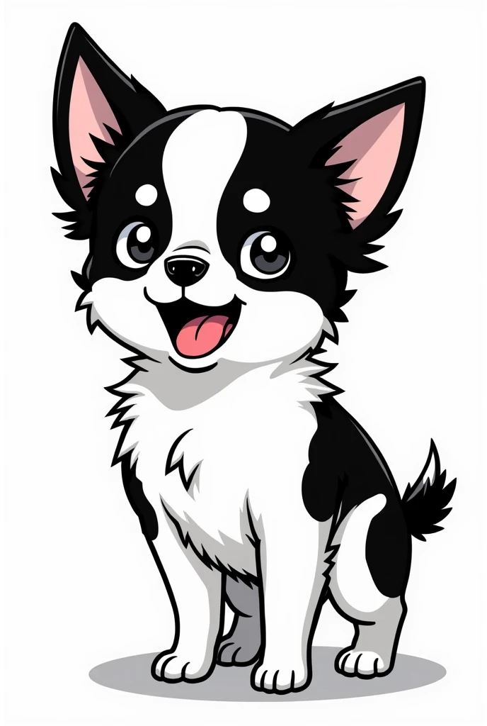 Chihuahua, black and white face, white body, black sides of belly, black butt, fluffy ears, manga style, hungry, LINE stamp style, short legs