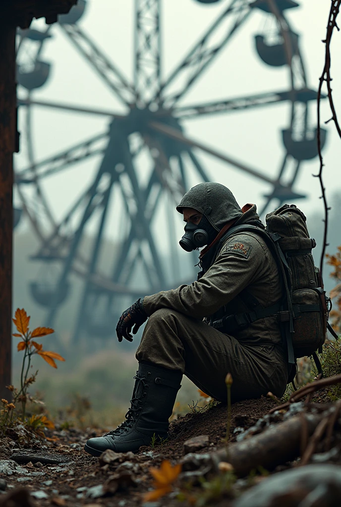 Monolith stalker from s.t.a.l.k.e.r. sitting in pripyat ferris wheel
