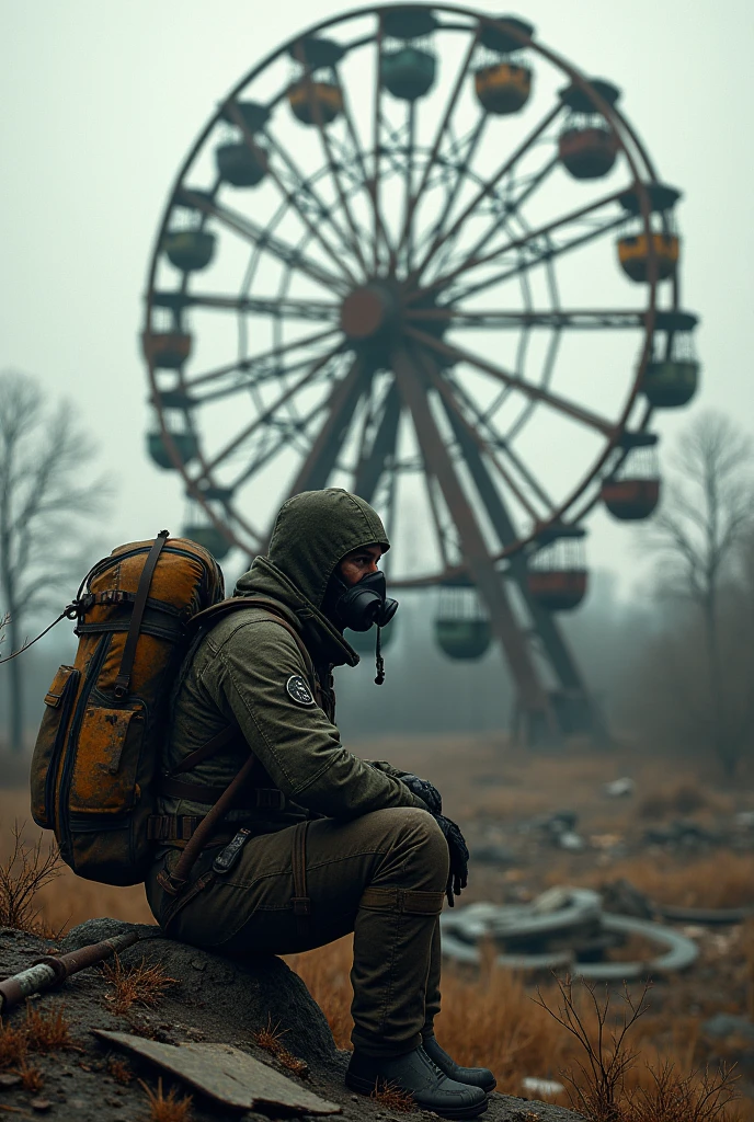 Monolith stalker from s.t.a.l.k.e.r. sitting in pripyat ferris wheel