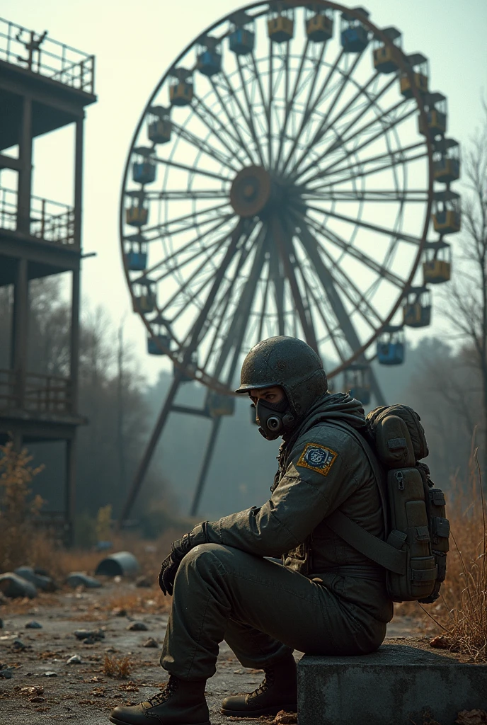 Monolith stalker from s.t.a.l.k.e.r. sitting in pripyat ferris wheel
