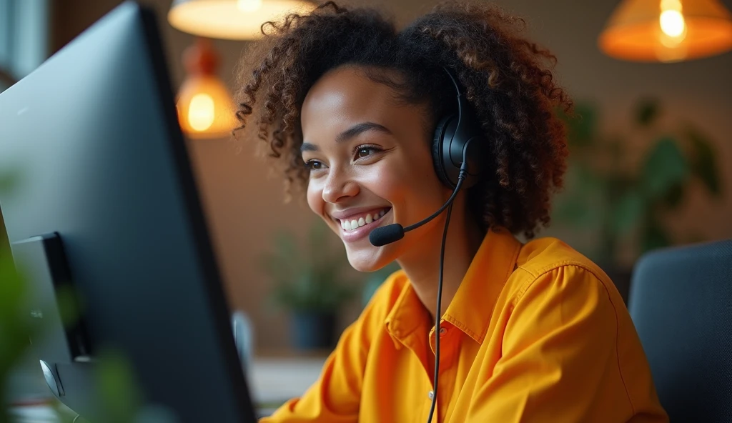 Create a tight side shot of a young woman with curly hair working in a call center. She is smiling as she focuses on her computer screen. She wears an orange-yellow shirt, and the dynamic lighting casts light shadows across her face, emphasizing her features. The background should be softly blurred to keep the attention on her face and the warmth of the scene