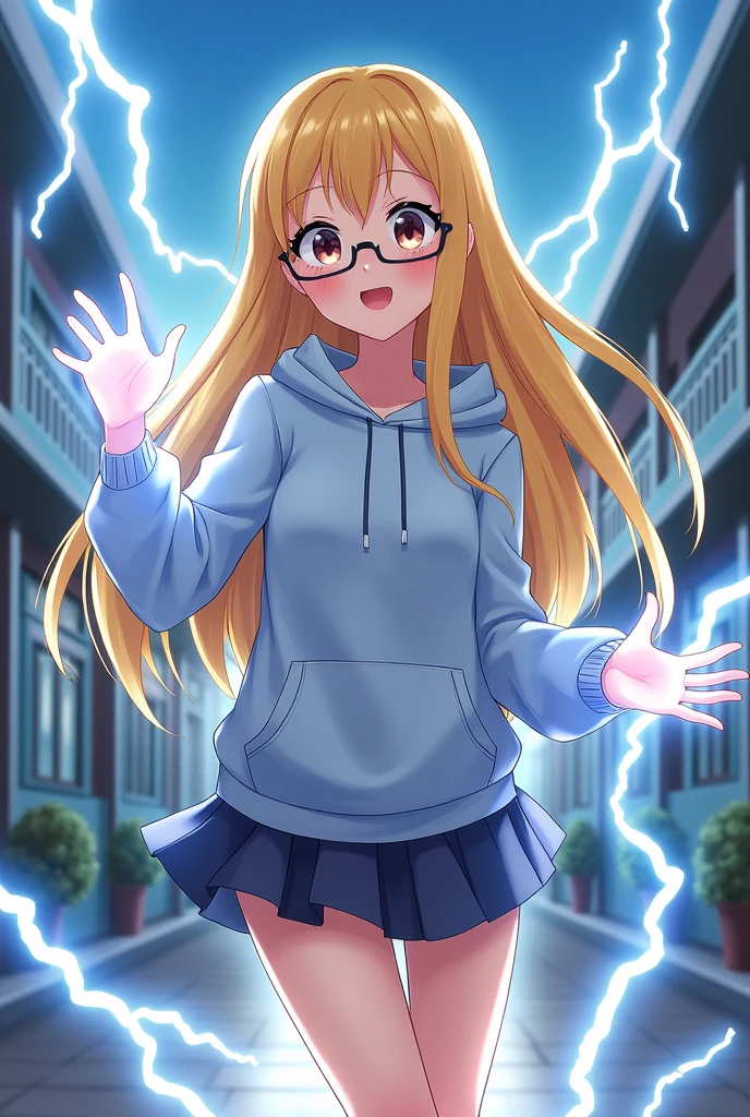 Anime girl who can control lightning, she is blushing, she has yellow long hair, and is wearing glasses a hoodie and a short skirt, she is 18 in a school
