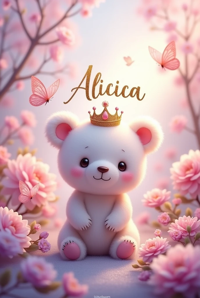 Little bear with a princess crown and delicate flowers and butterflies in pink and lilac tones, name Alicia in gold 