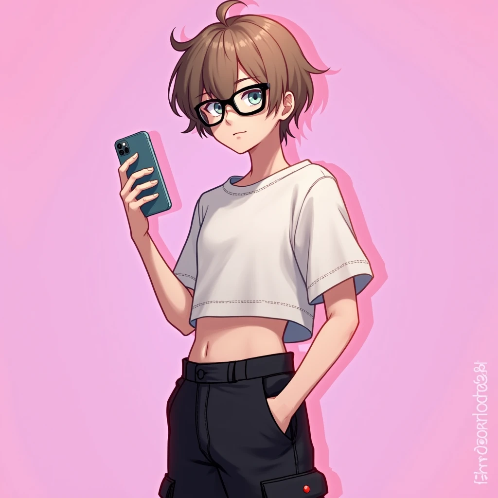 1boy avec les cheveux brun clair  courts un peu devant le visage et des lunette les verres blanc et le contour noir avec un crop top en laine blanc et un cargo noir et il tient son iPhone dans une main avec un coque transparent et il a un visage trés expressif ￼
Fond rose un peu glitch bugger ￼