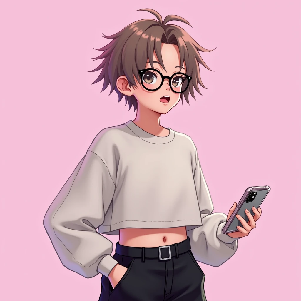 1boy avec les cheveux brun clair courts un peu devant le visage et des lunette les verres blanc et le contour noir avec un crop top en laine blanc et un cargo noir et il tient son iPhone dans une main avec un coque transparent et il a un visage trés expressif 
Fond rose un peu glitch bugger 