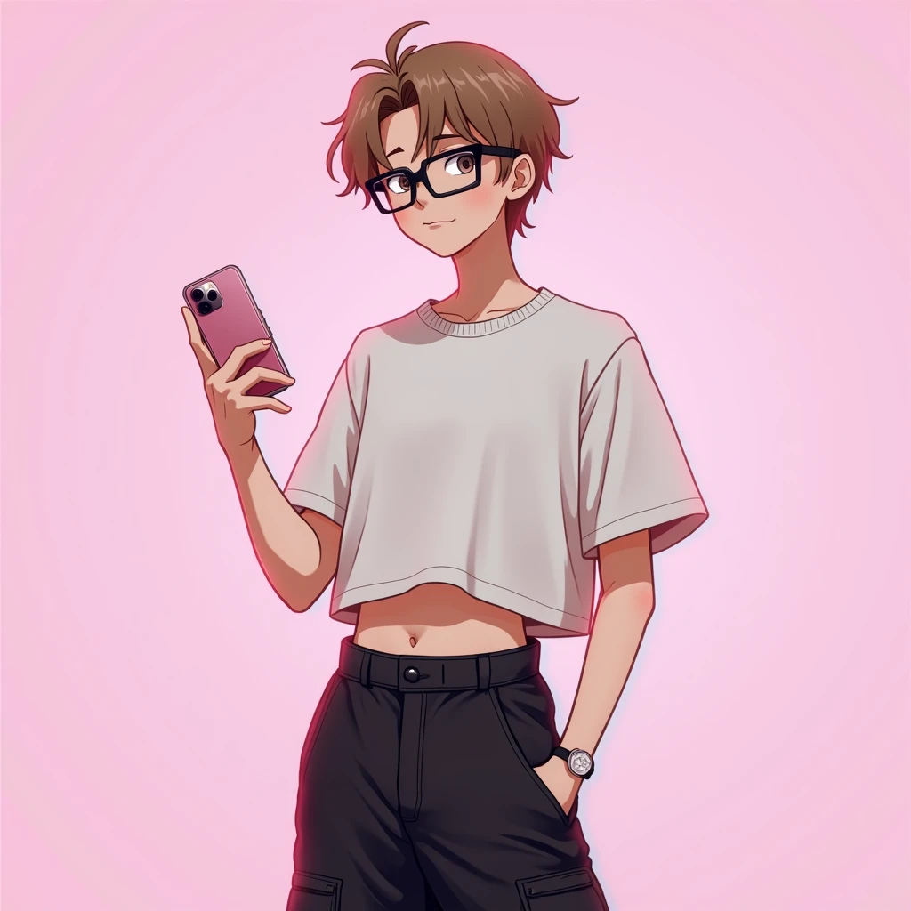 1boy avec les cheveux brun clair courts un peu devant le visage et des lunette les verres blanc et le contour noir avec un crop top en laine blanc et un cargo noir et il tient son iPhone dans une main avec un coque transparent et il a un visage trés expressif 
Fond rose un peu glitch bugger 