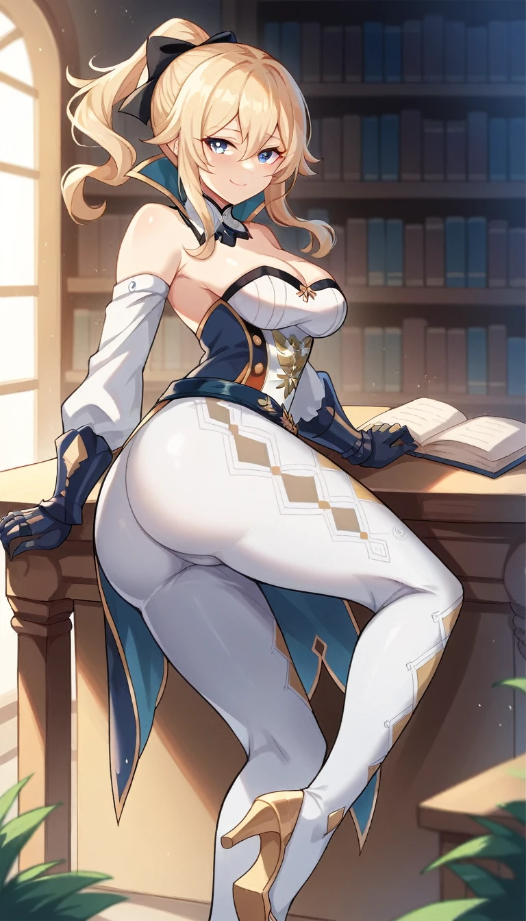 library, huge ass, Score_9, score_8_up, score_7_up, score_6_up, source_anime, rating:general, 1girl, beautiful woman, mature, beautiful body, curvy, white skin, looking at viewer, showing the ass, excited, seductive look, seductive smile, sexy pose, slut, 1 girl, jean \(genshin impact\), breasts, blue eyes, blonde hair, long hair, hair between eyes, ponytail, gloves, bow, hair between eyes, ponytail, hair bow, sidelocks, belt, pants, detached collar, white pants, tight, panty lines under pants, bare shoulders, high heels, arousal, 8k, best quality, high quality, wallpaper