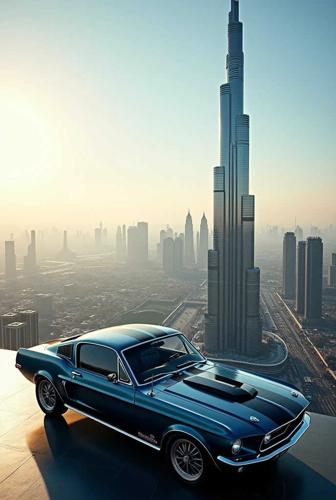 Old mustang car in Burj Khalifa top