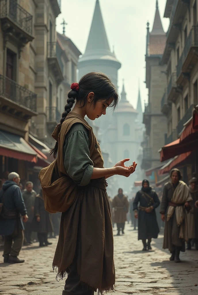 A poor young girl in the street of a kingdom was looking at the little change in her hand and was suffering.
