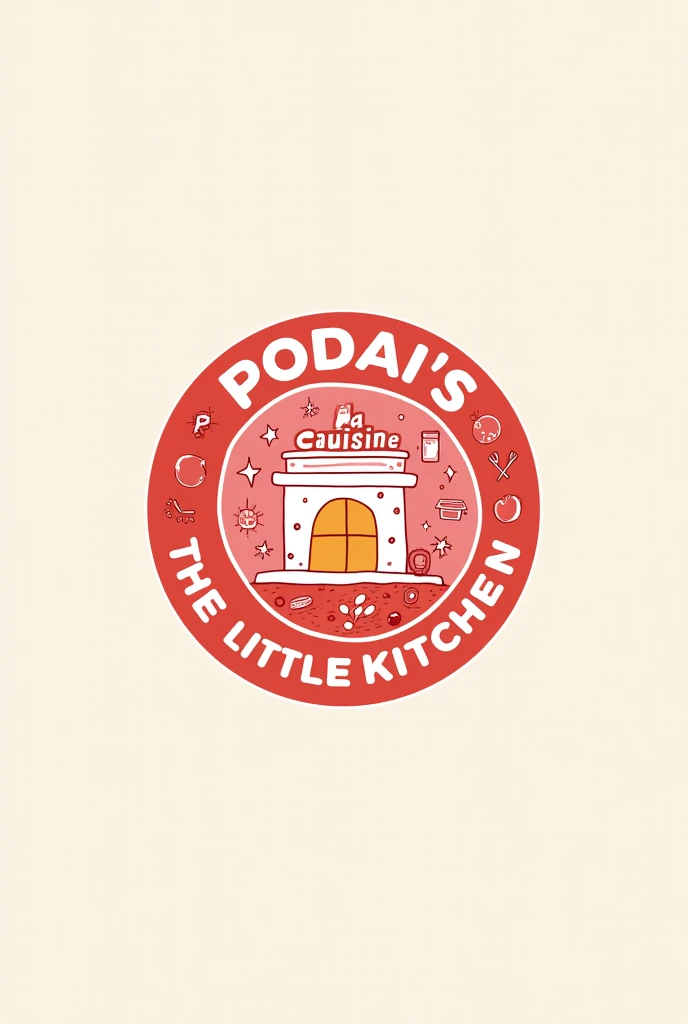 Podar's La Cuisine (The Little Kitchen) logo with theme red,pink and white with doodles