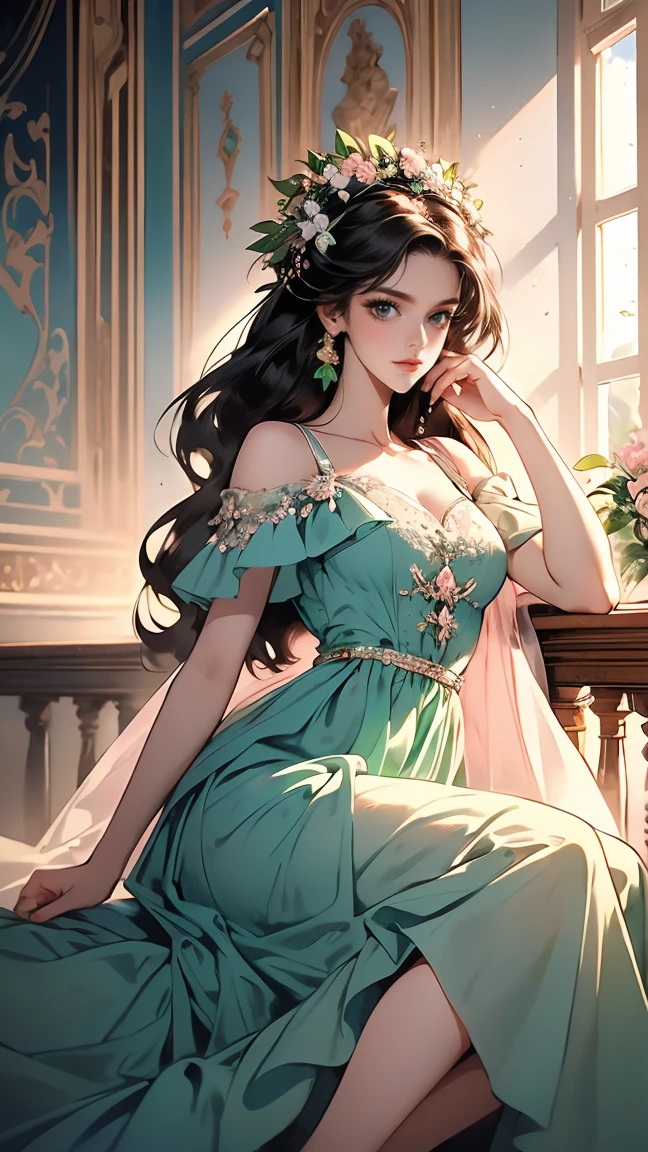 (masterpiece, best quality, high resolution, very detailed),(Beautiful and aesthetically pleasing.:1.2), (1 woman), adult, perfect body, wavy black hair, ((green eyes)), Detailed eyes and face, (saturated_body), Festival Beautiful Spring Light Airy Dress,  (pastel pink and blue dress), delicate spring dress, high heel, Soft and feminine image, deer, various colors, 