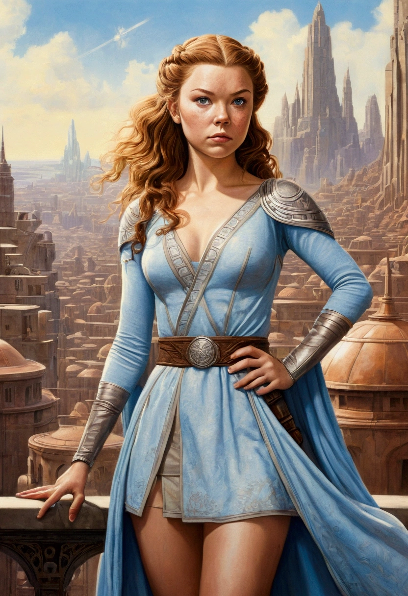 An illustrated movie poster, hand-drawn, full color, a teenage Jedi, 18-years-old, female, wearing a mini-dress, athletic hourglass figure, busty bosoms, full wide hips, massive round butt, long shapely legs, ridiculously thick powerful thighs, pale blue eyes, mousy brown hair, thick shaggy bangs, rosy sun-kissed complexion, freckles, resembles Margaery Tyrell, standing above Coruscant, graphite shading, stencil marks, airbrushed acrylic paint, masterpiece, in the style of Drew Struzan