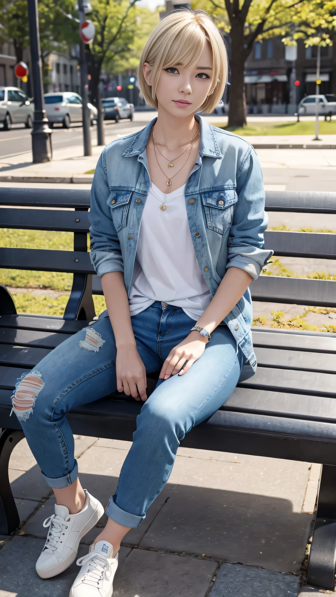 Super Resolution、Neat and clean Caucasian woman、Full body photo、sitting on a park bench、Blonde Hair、ウェーブのかかった髪、Short Haircut、Blue eyes、Mouth slightly open、Ear piercing、、necklace、Denim jacket、shirt、Skinny jeans、sneakers、

