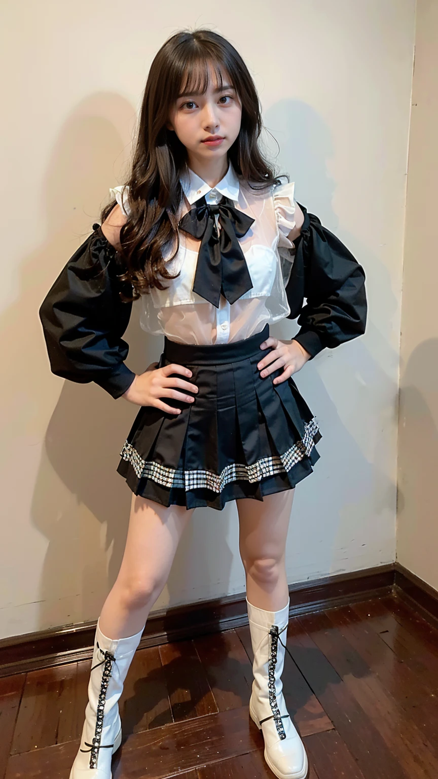 (8k、RAW Photos、Highest quality、masterpiece:1.2)、(Realistic、Realistic)、1 person、((View from the front、See-through、Black and white、Looking into the camera、check、boots、mini skirt、High school uniform、、Standing with one hand on hip、Frills、))、cute