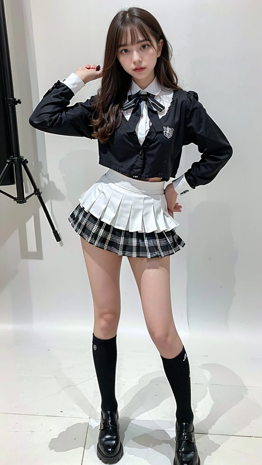 (8k、RAW Photos、Highest quality、masterpiece:1.2)、(Realistic、Realistic)、1 person、((View from the front、See-through、Black and white、Looking into the camera、check、boots、mini skirt、High school uniform、、Standing with one hand on hip、Frills、))、cute