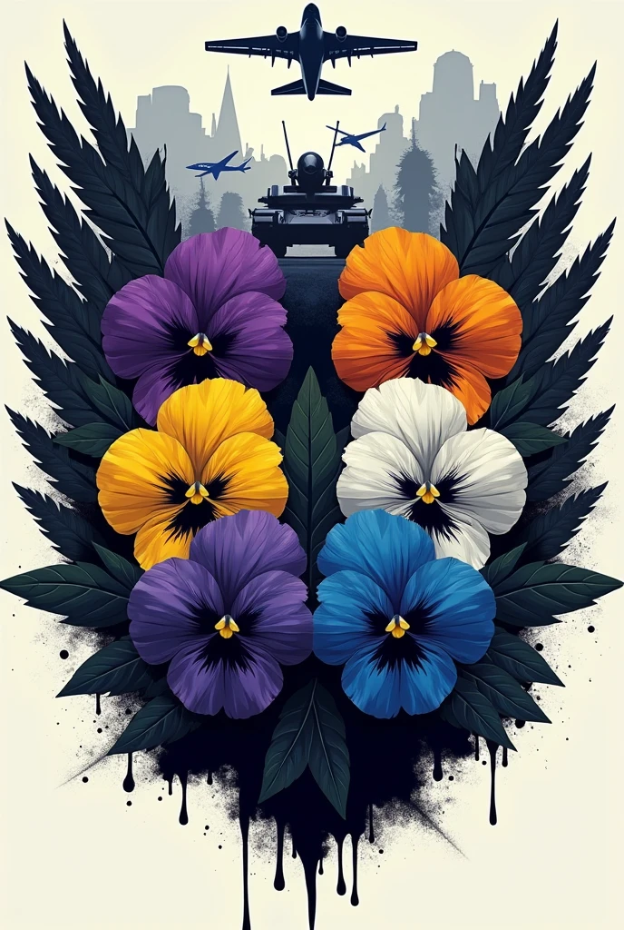 Create an aggressive military badge featuring four wild pansies at the center, each with a different color. The design should include something military in the background, making the pansies look fierce and intimidating.