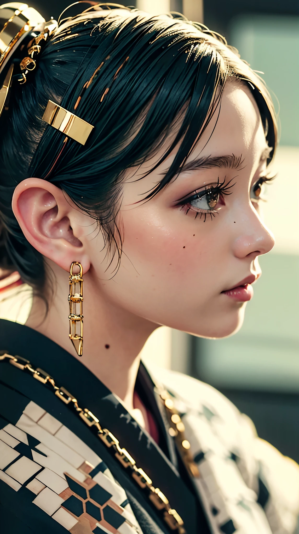 masterpiece, Highest quality, A solemn Japanese-style room with tatami mats, A large photograph of a woman from head to waist, profile, (Chain-themed accessories:1.3), (Close up on face:1.5), (Punk rock kimono, black地に赤+gold:1.3), (black+Orange Hair Color, Mid-length hair, Bun Hair), (blackい瞳, Sparkling eyes), (Lots of eyelashes)