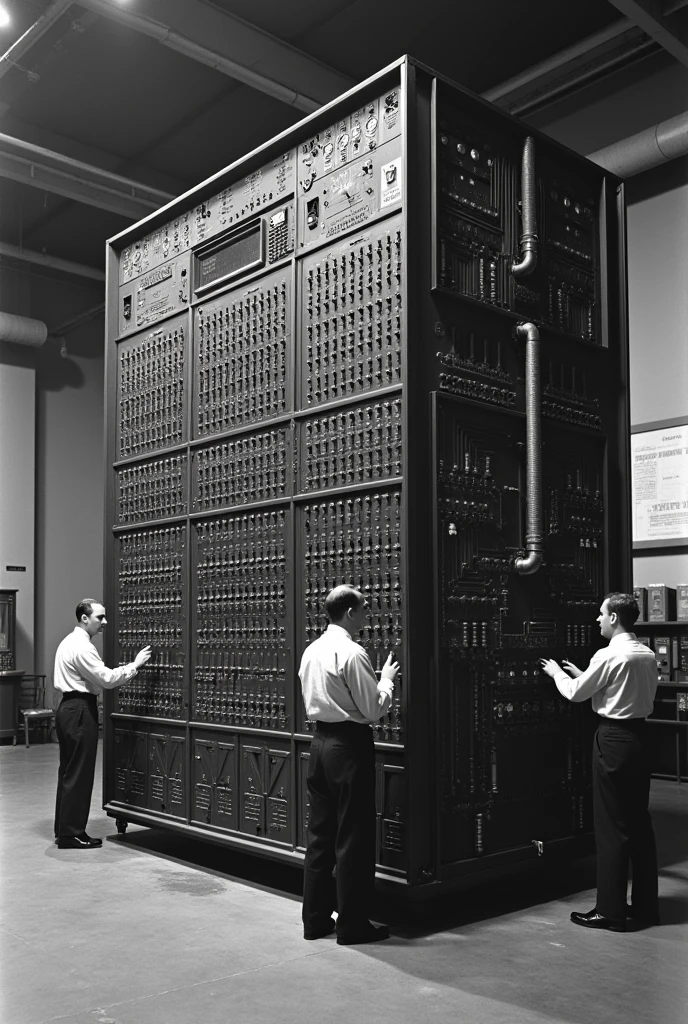 World "A vintage, black-and-white image of a massive room-sized computer from the 1940s. The computer is the ENIAC, filled with numerous cables, dials, and flashing lights. Engineers are seen working on it, giving a sense of scale and complexity."