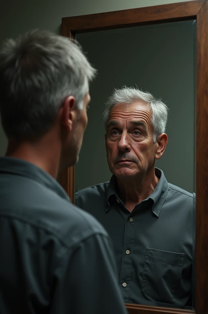 John standing in front of a mirror, looking at his reflection, searching for self-discovery