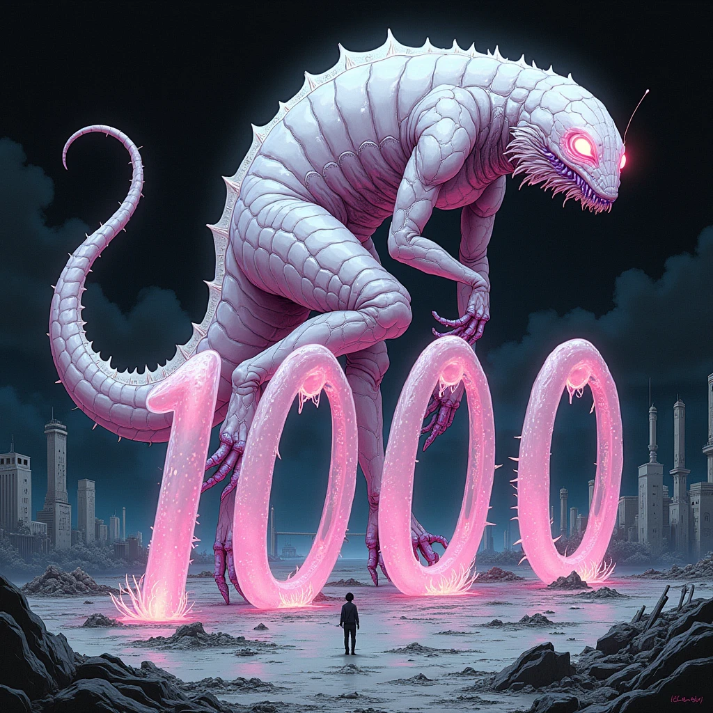 A striking and detailed Japanese comic masterpiece, the focal point being the number 1000. Captivating in its black and white aesthetic, with a hauntingly beautiful translucent white creature from another world. The creature's chitinous skin is adorned with bioluminescent patterns that emit an otherworldly glow. Its pink, purple and blue color palette adds to the eerie atmosphere, while its wet skin, translucent claws and tentacles exude a luminescent interior. The realistic, photorealistic illustration shows intricate skin patterns, a slim waist, and anatomical accuracy. The fierce and seductive depiction of the creature stands out against the backdrop of a war-torn landscape, with the number 1000 as the focal point, seamlessly integrated into the image. Elements of dark fantasy, architecture, and concept art come together to create unforgettable concept art, dark fantasy, and architecture.