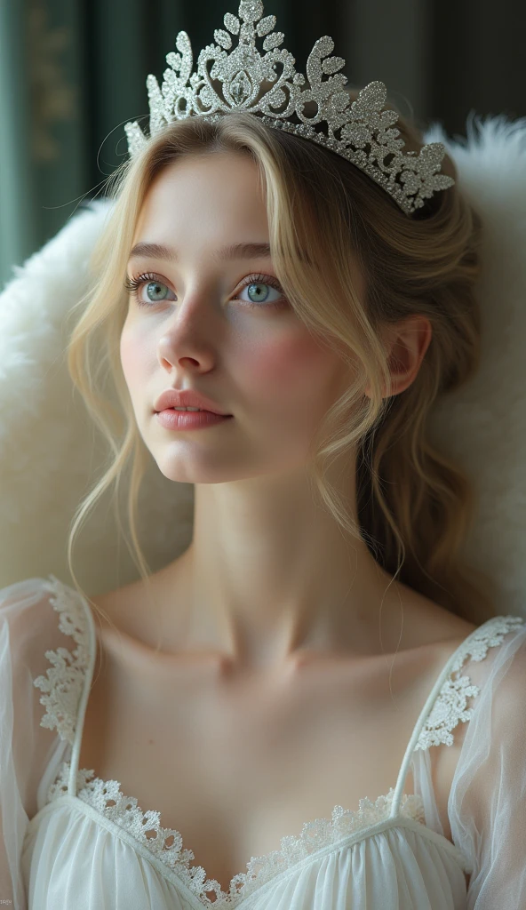 Full body closeup, young woman, sitting in chair angelic, silver tiara crown, tender, innocent, female, beautiful and delicate, the face is front and tilted as if wanting to look up, dark blonde hair, White skin, open eyes, expression of peace and happiness, very saturated colors, front face