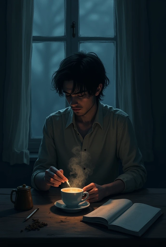 Drinking tea int night with cigarettes