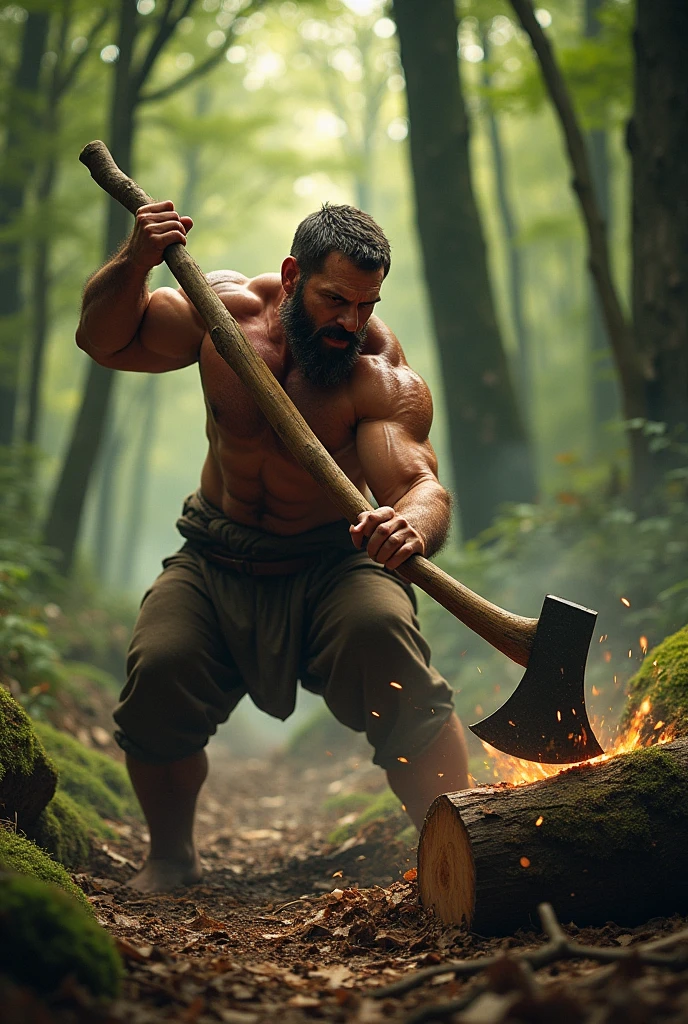 A middle-aged man is cutting wood with an ax in the forest