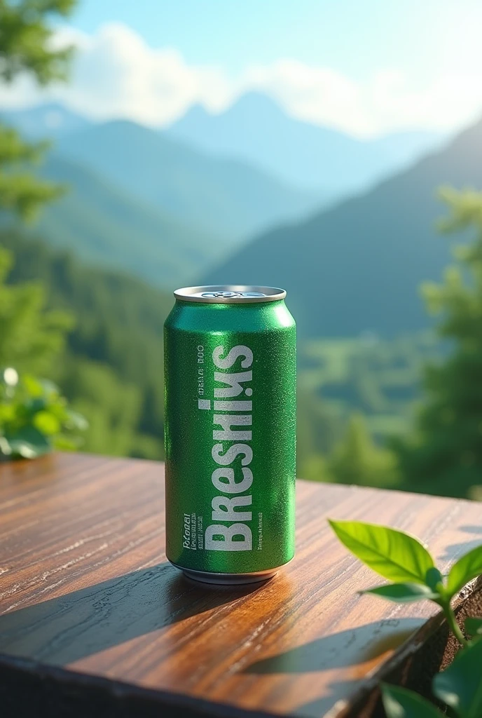 cold can of soda on a table with a beautiful landscape with the brand fresh