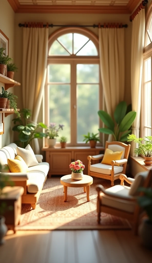insanely detailed dollhouse, cozy bedroom, cute 3d render, attractive lights and shadows, white and yellow cushions, architecture, furniture, indoors, building, living room, room, rug, plants, home decoration, sofa, chair, interior design