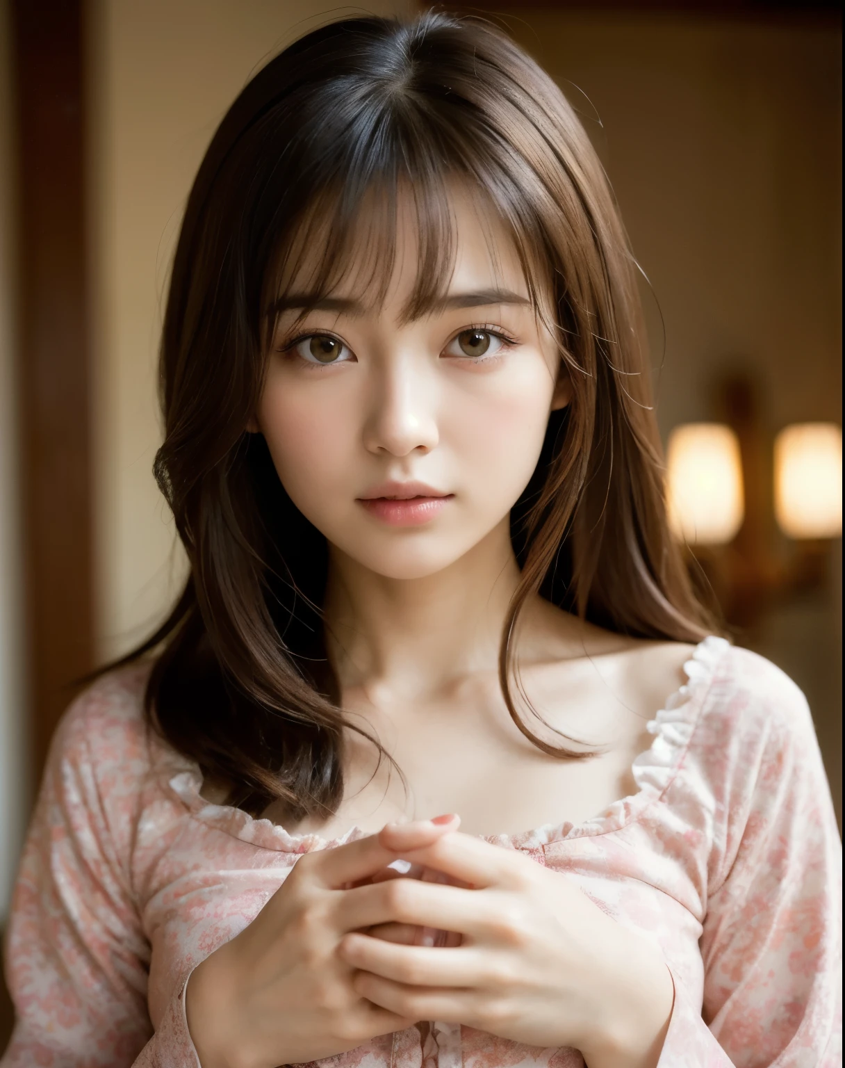 Highest quality, Face Focus, Soft Light, Ultra-high resolution, (Realistic:1.4), RAW Photos,
1 Japan, alone, cute, (pupil, Light in your eyes), Beautiful face in every detail, (Small box),(High resolution detail of human skin texture),
(Long Hair),
indoor,
Damask Shirt Dress,
(Portraiture)