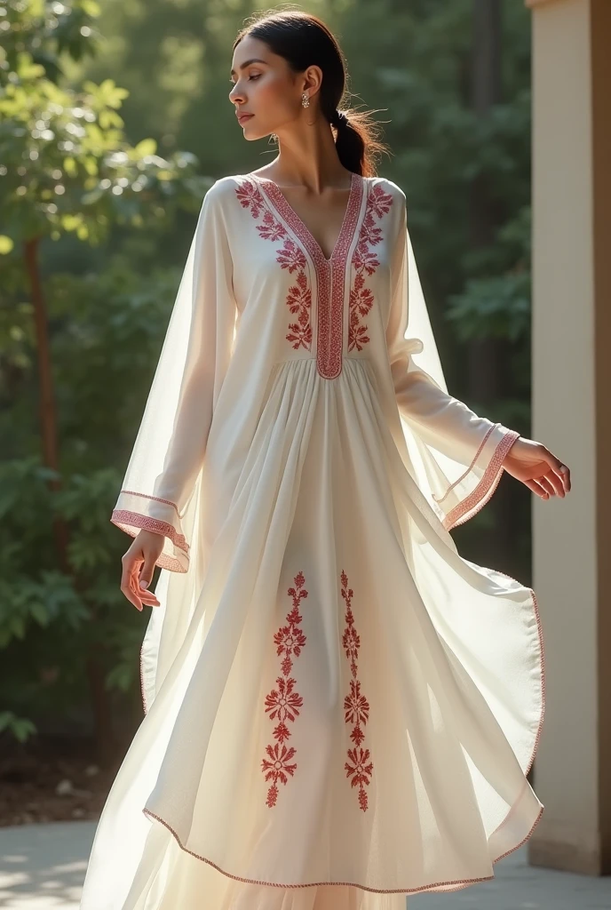 I have a white kashmiri shawl with thin red embroidery. I wish to upcycle the shawl into a dress. Can you generate images of short tunics with peplum cut and maxi dress designs for this shawl ?