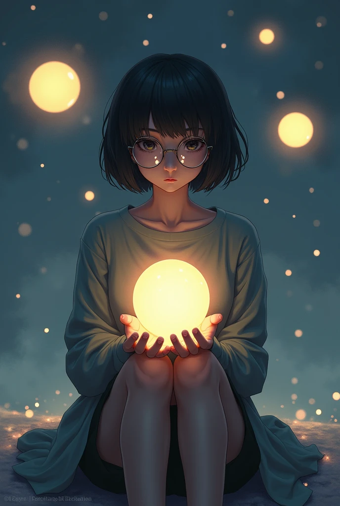 ((1girl)), anime, short dark hair, dark skin, shiny glasses lenses, mouth closed and expressionless, sitting, with her hands holding a glowing orb while two other glowing spheres orbit around her.